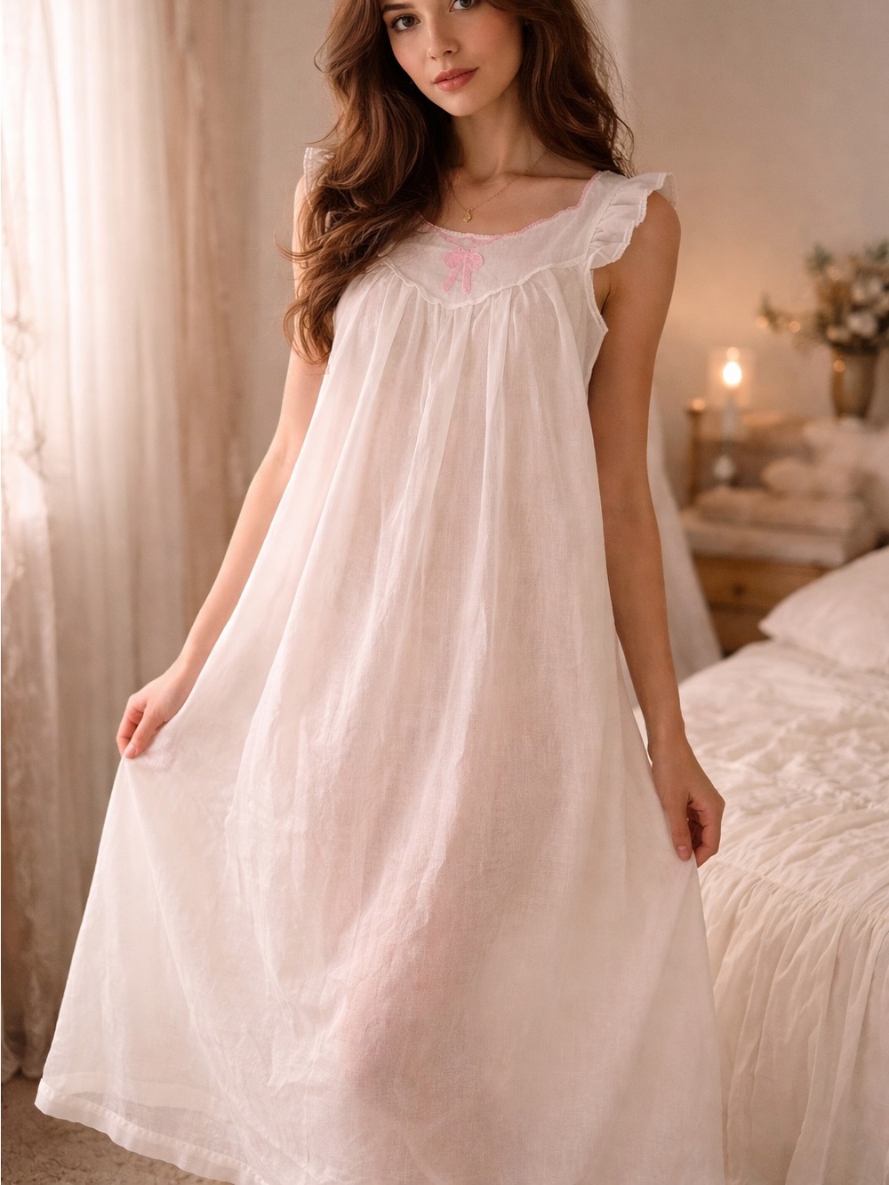 Vintage Monique White Cotton Nightgown Dress Pink Embroidery Feminine Victorian